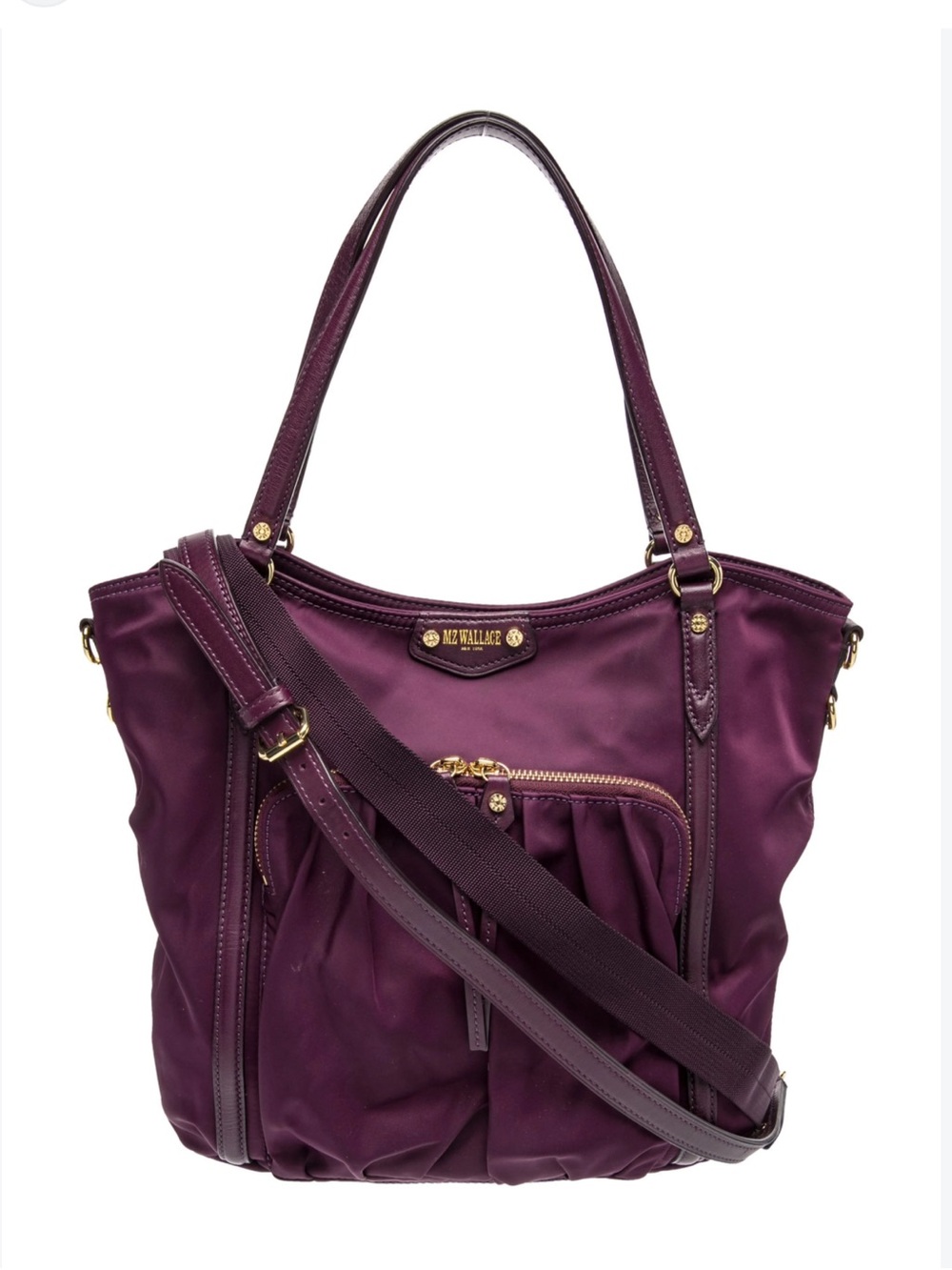 MZ Wallace Nikki Bedford Nylon Tote Leather Trim Crossbody Strap Gold Hardware